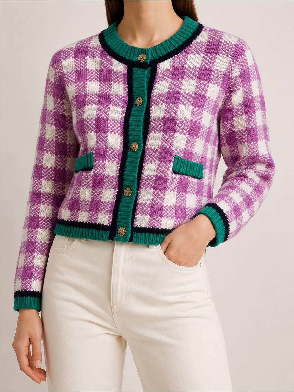 8 Birdies Purple Checkered Gold Button Cropped Cardigan S/M